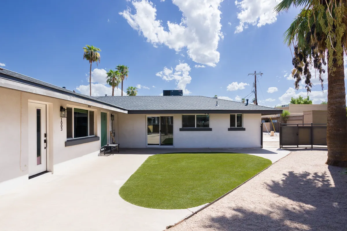 A well-kept green lawn framed by palm trees, with a visible patio area and house facade. The outdoor space is open yet feels securely contained, hinting at a shared environment suitable for families and pets. No seating is visible, supporting the narrative of a simple outdoor area.